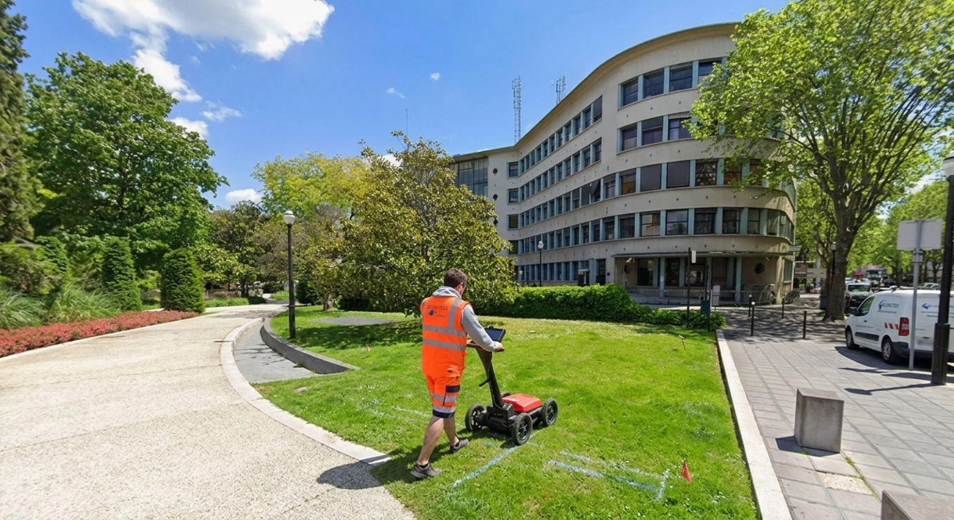 Technicien réalisant une détection de réseaux enterrés à Boulogne-Billancourt à l'aide d'un géoradar
